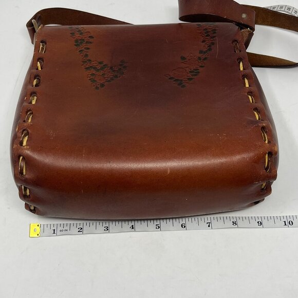 Vintage handmade leather shoulder bag stitching floral 1970s tooling - Picture 10 of 16
